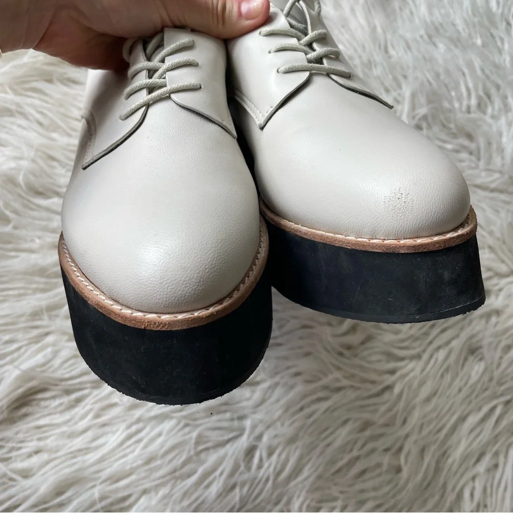 Anthropologie All Black Caroline Off White Lace Up Leather Platform Oxfords 39